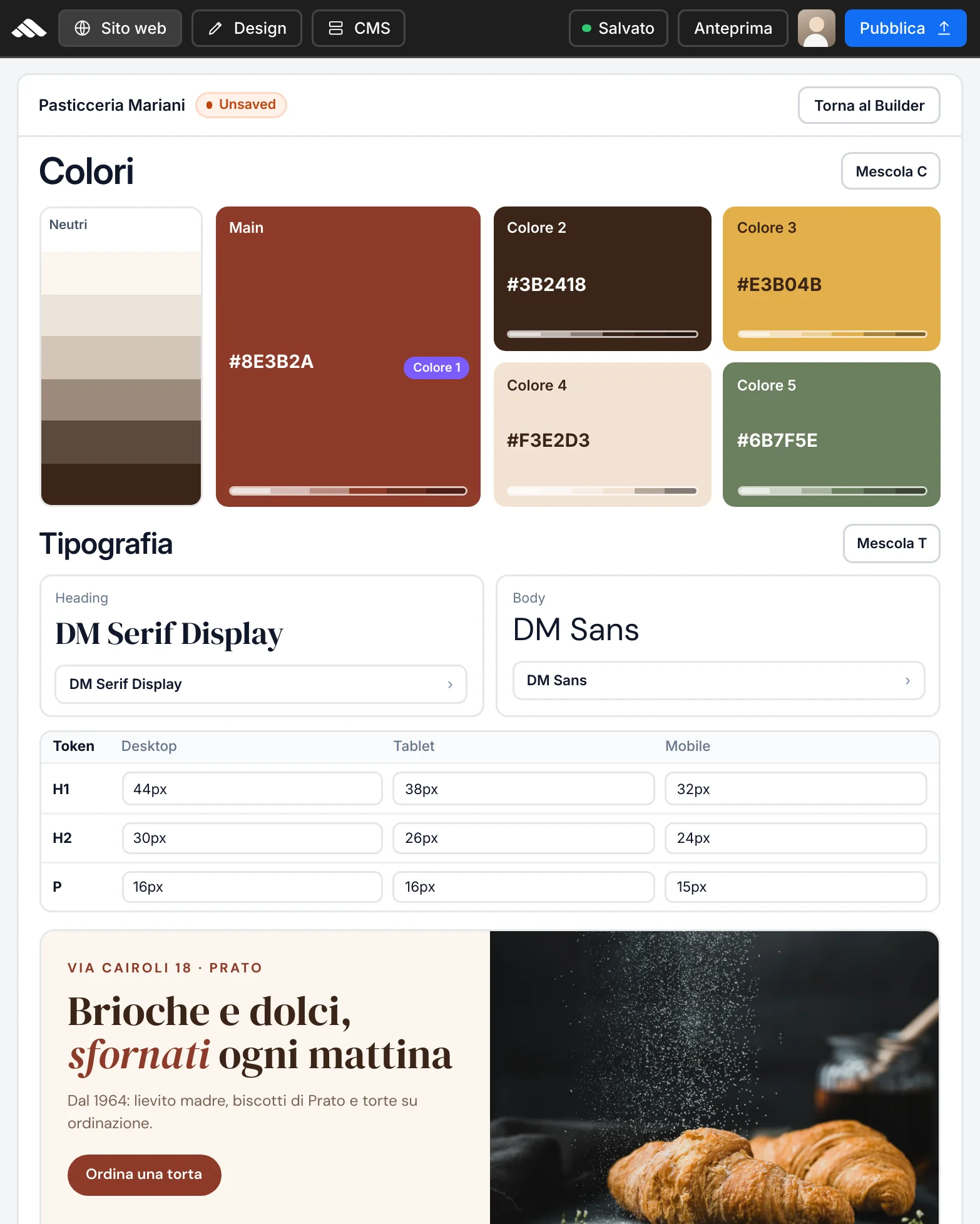 Hero — brand identity nel builder