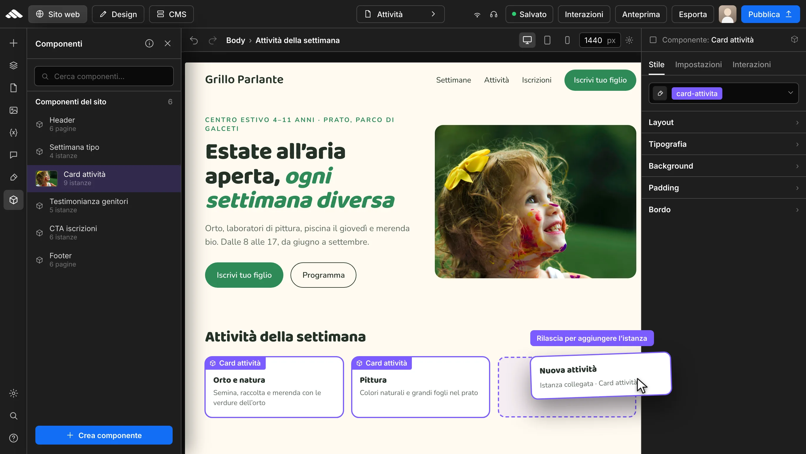 Inserimento componente con drag and drop