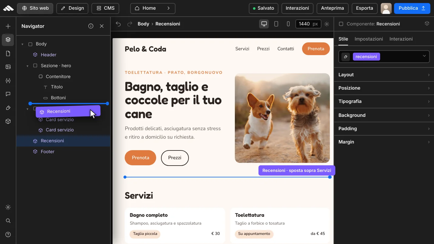 Drag and drop componenti nel builder