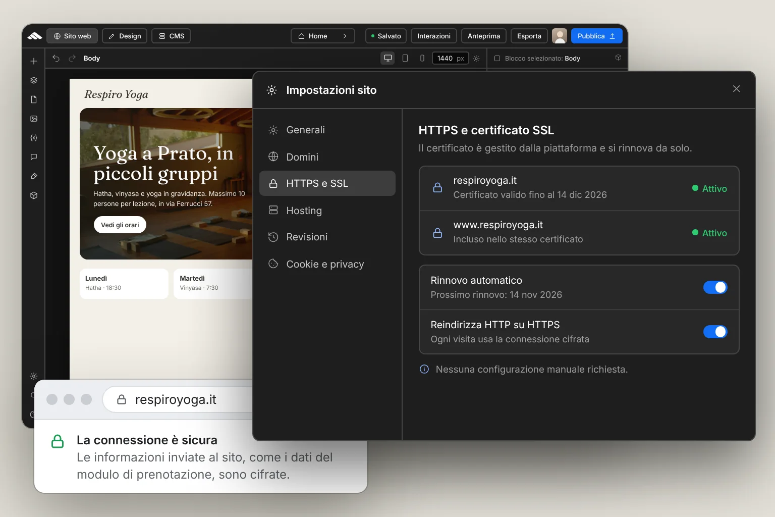 Connessione HTTPS e certificato SSL incluso