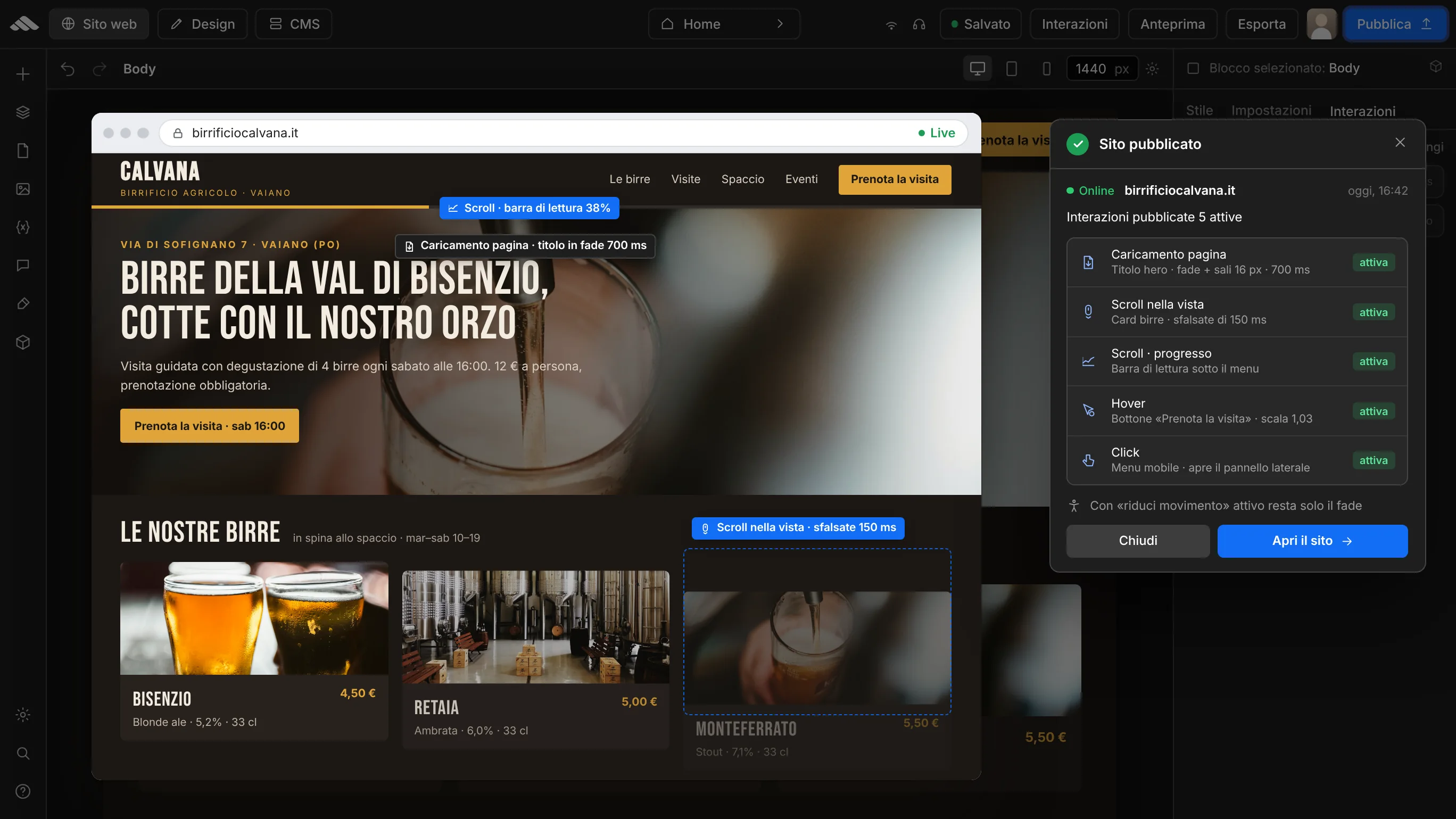 Sito pubblicato con interazioni attive
