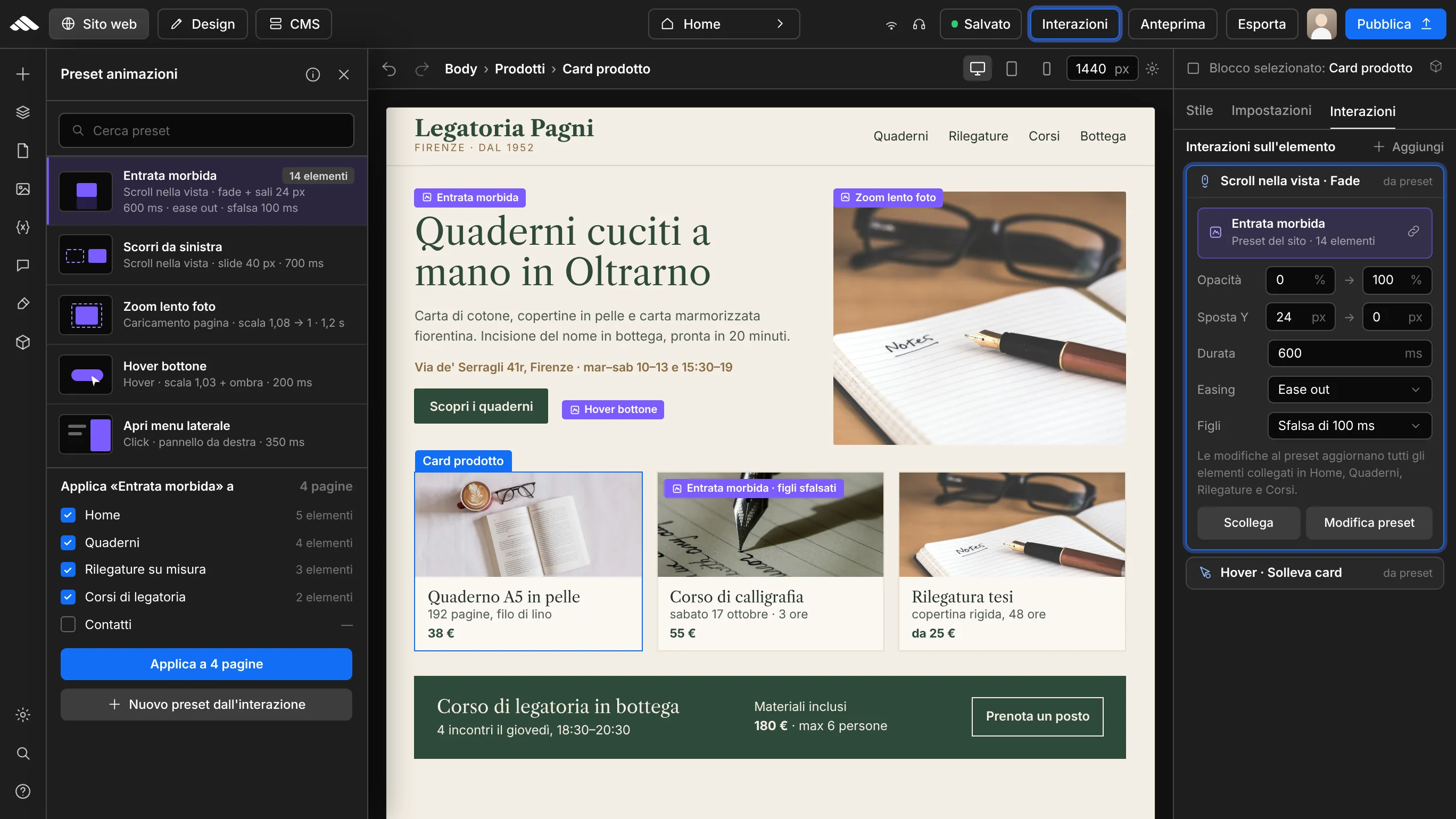 Preset animazioni riutilizzabili su più pagine