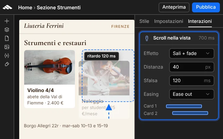 Animazioni su elementi e sezioni (mobile)