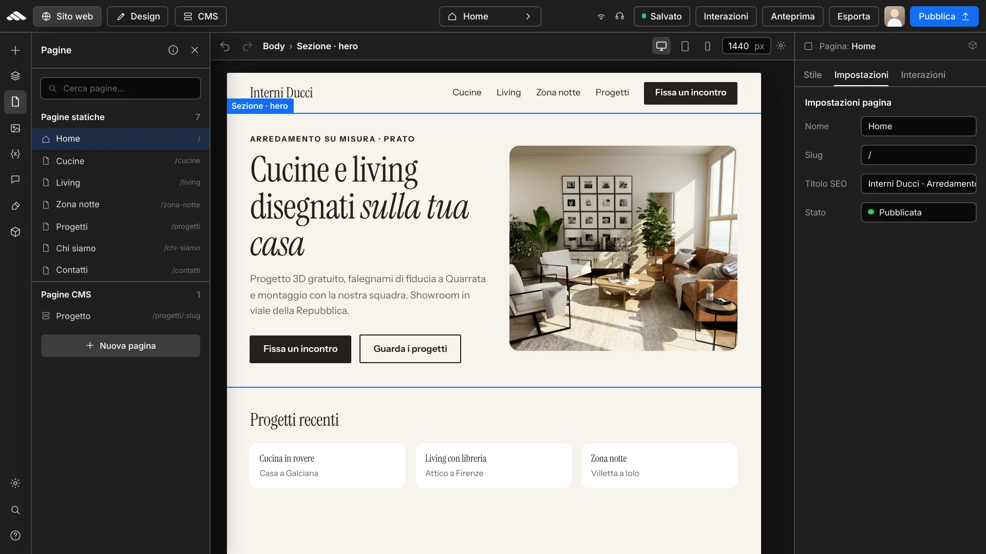 Preview builder multi pagina con area canvas e inspector