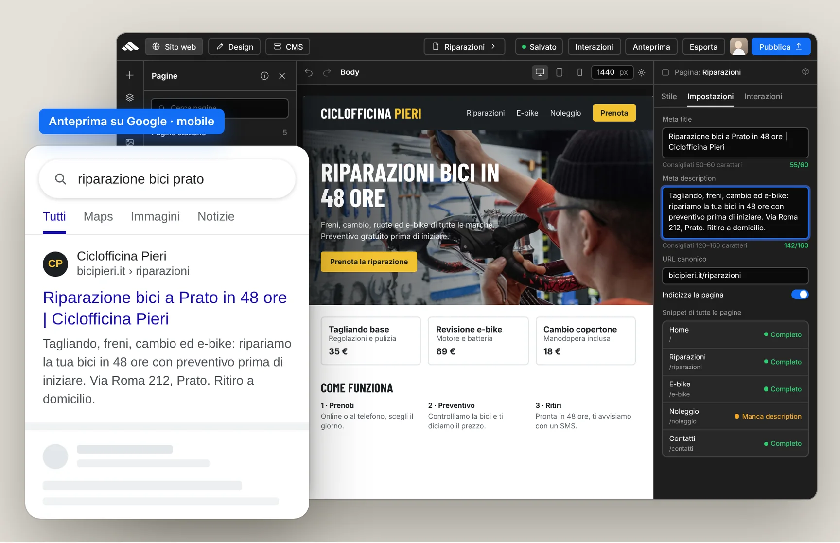 Configurazione meta tag SEO per pagina