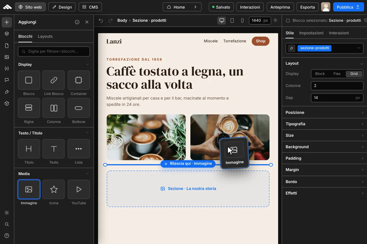 Canvas visuale del builder con blocchi componibili