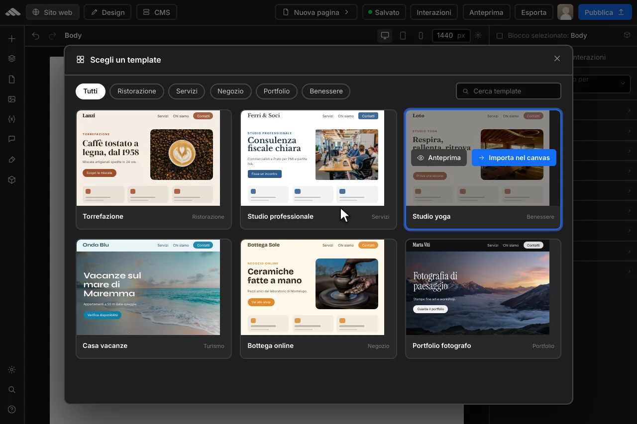 Selezione template professionali nel builder