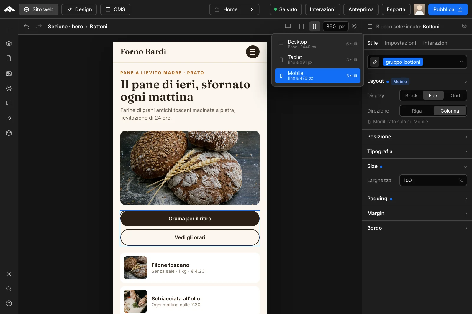 Anteprima responsive del builder su desktop e mobile